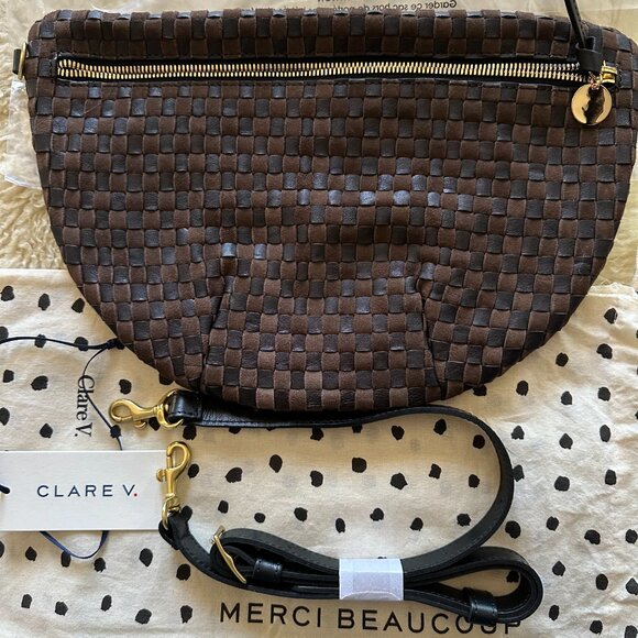 Clare V Grand Fanny Leather & Suede Woven Checker in Black/Chocolate NWT - Picture 11 of 12